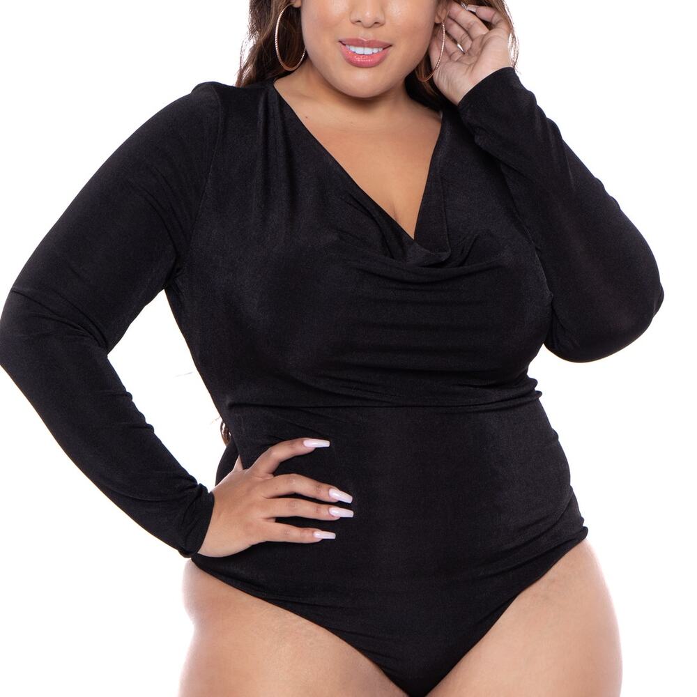 Curvy Sense Knitted Body Suit loose Cowl Neck Draped Long Sleeve Black Size 4x